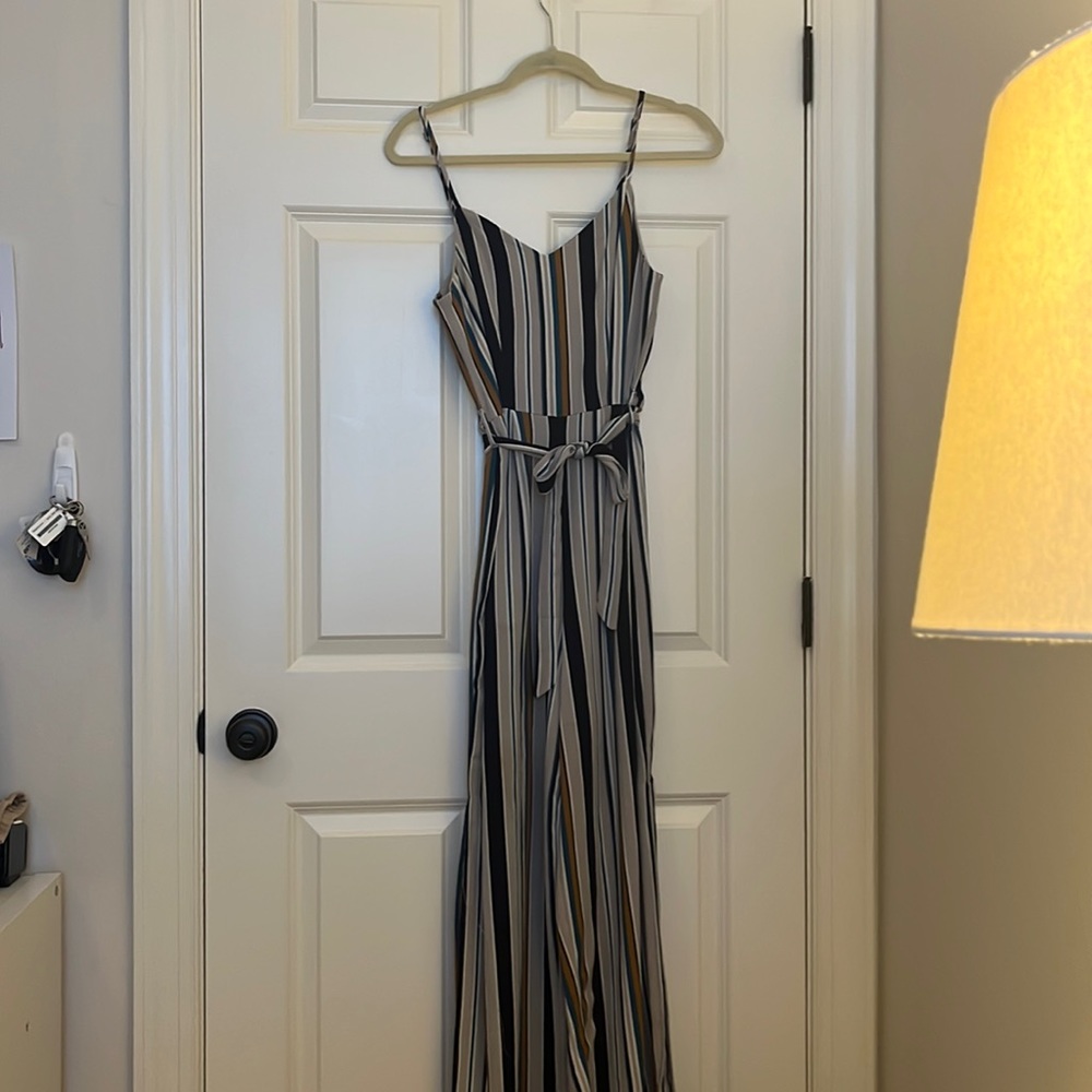 Full length striped jumpsuit.